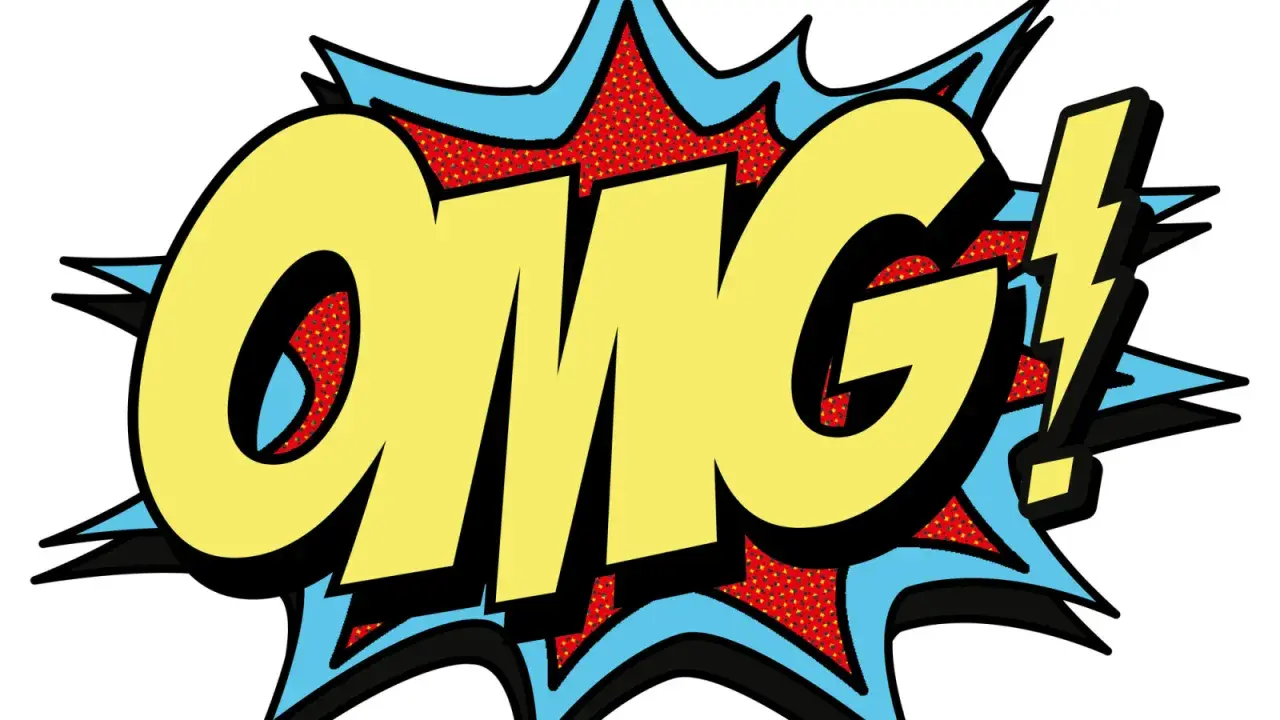 Gelbe Comic-Buch-Buchstaben "OMG!" mit Blitz, was bedeutet "Oh mein Gott!".