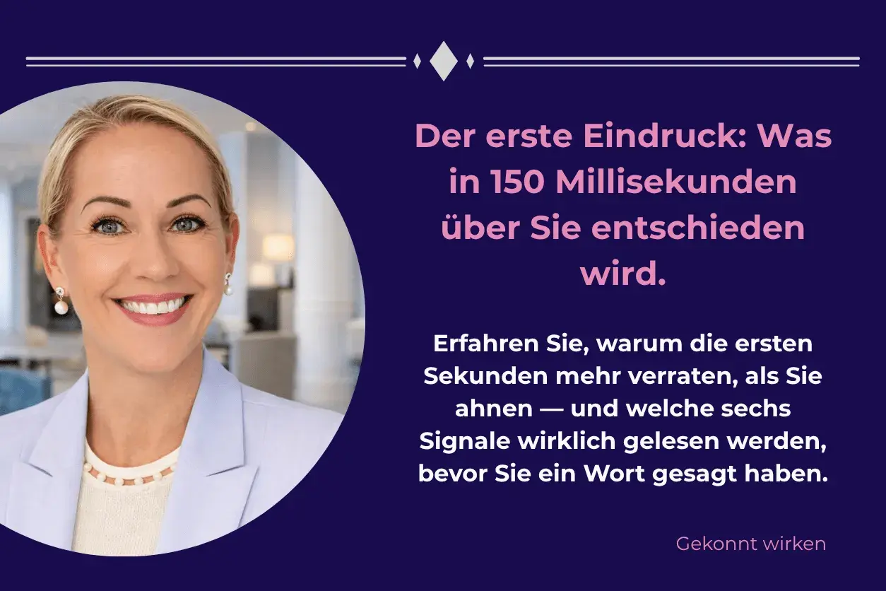 Eine lächelnde Frau, die sich professionell vorstellen möchte. Der Text thematisiert den ersten Eindruck und wie man ihn positiv gestaltet.