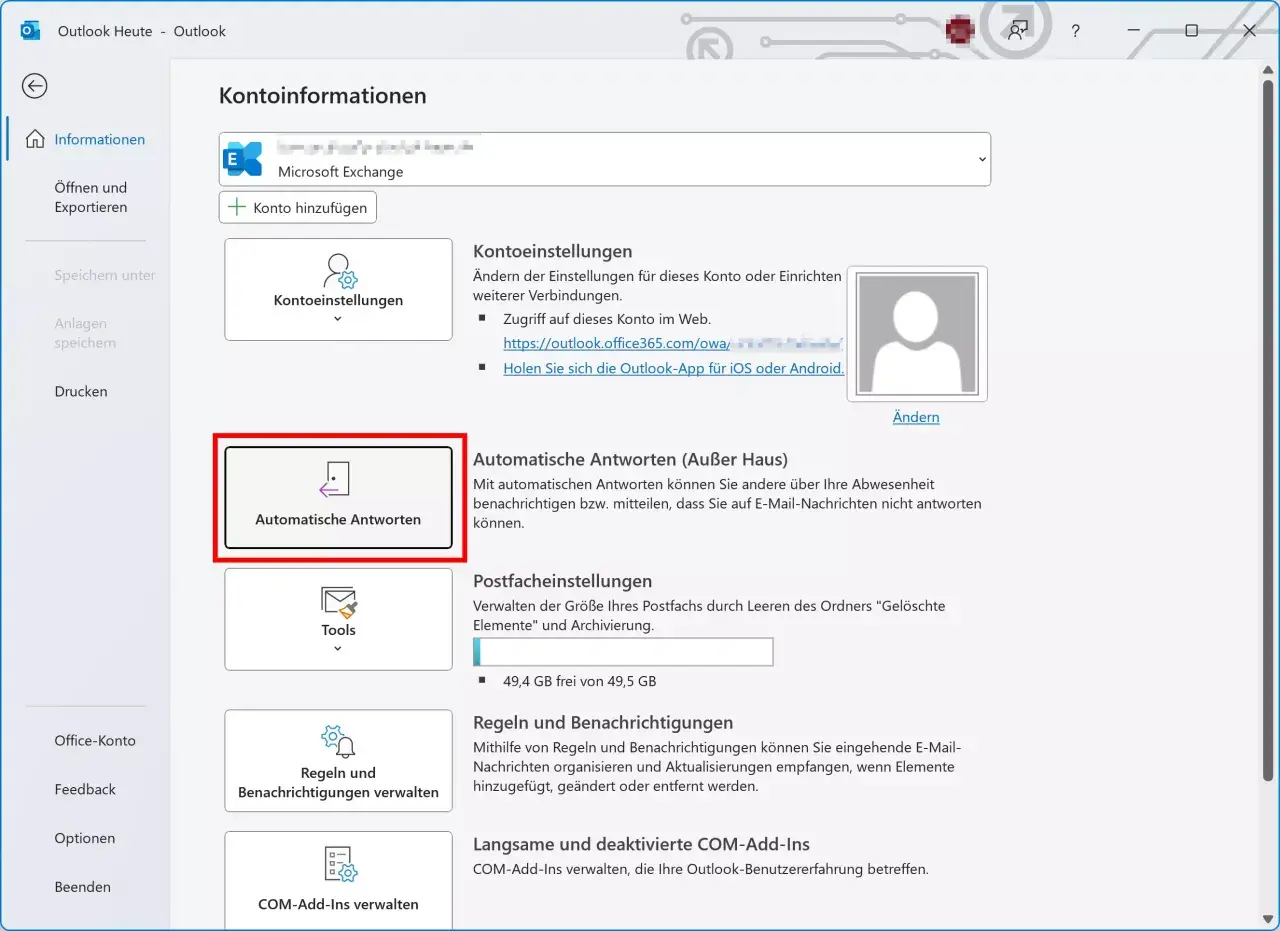 Outlook-Einstellungen: Automatische Antworten (Abwesenheitsnotiz Outlook Englisch) einrichten, um Abwesenheit zu kommunizieren.