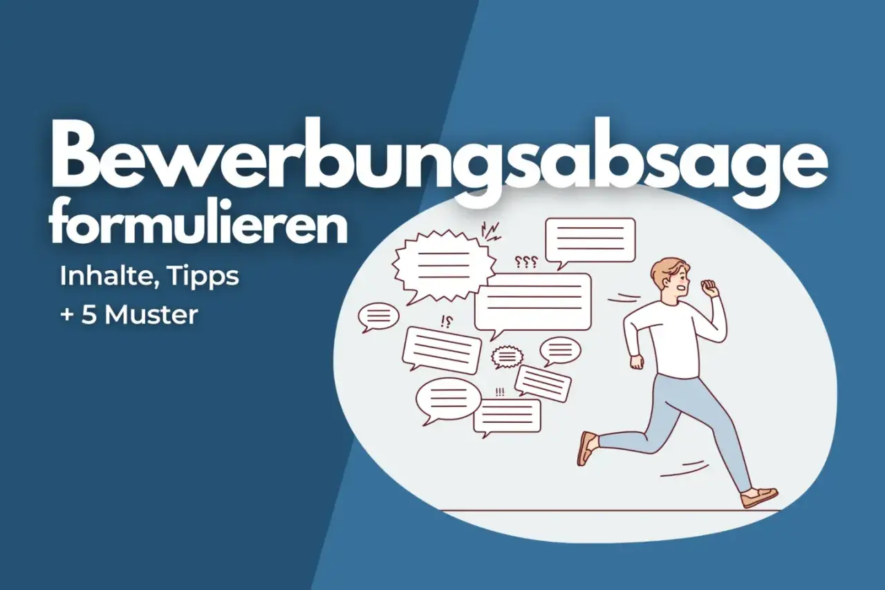 Bewerbungsabsage formulieren: Tipps und Muster für eine professionelle Absage. Ein Mann rennt, umgeben von Sprechblasen, die Unsicherheit und Fragen darstellen.
