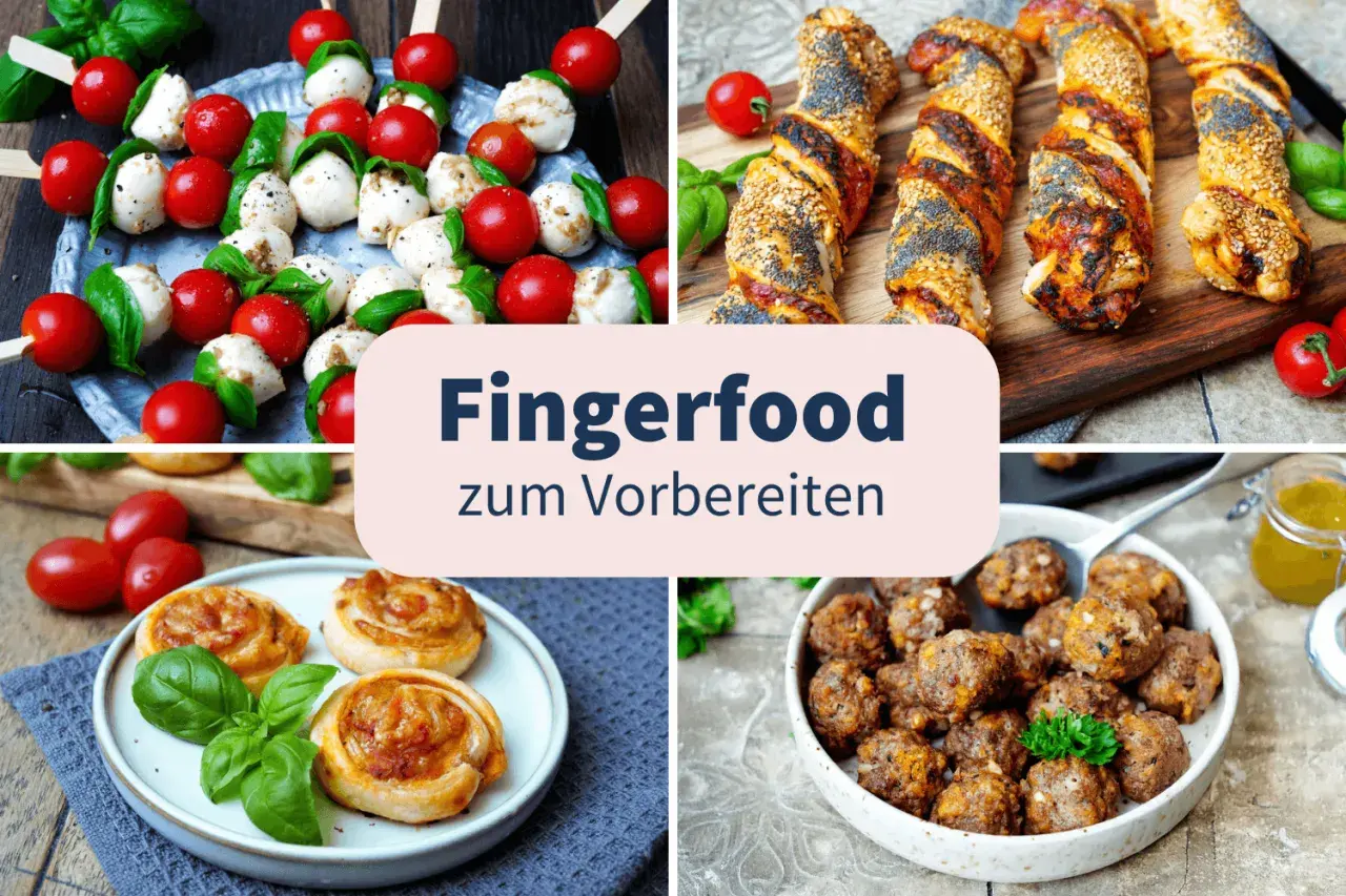 Leckeres Fingerfood zum Vorbereiten: Caprese-Spieße, herzhafte Teigschnecken, Hackbällchen und Sesam-Käse-Stangen. Perfekt für jede Party!