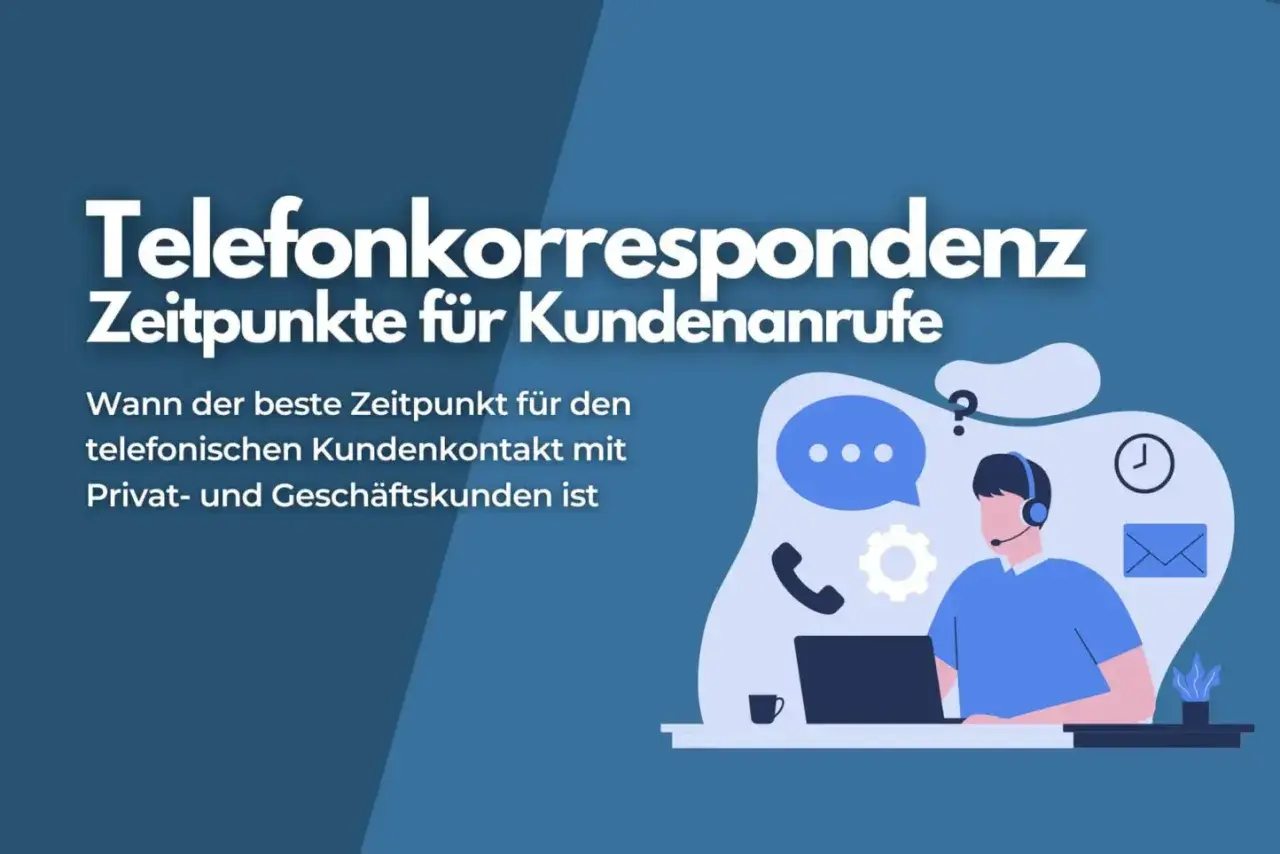 Illustration zeigt einen Mann mit Headset am Laptop, umgeben von Symbolen für Kommunikation. Es ist Zeit zum Telefonieren, um den besten Zeitpunkt für Kundenanrufe zu finden.