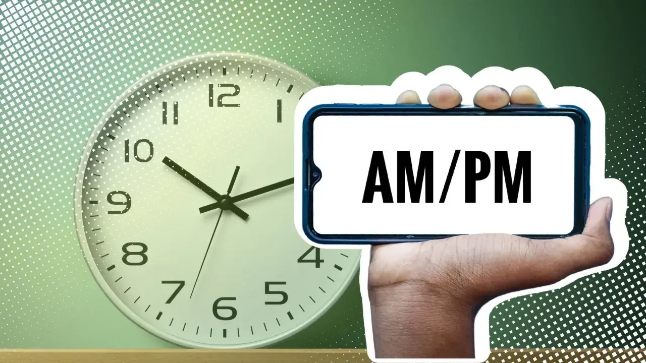 Eine Uhr und ein Smartphone mit "AM/PM" darauf. Was bedeutet PM? Nachmittag oder Abend.