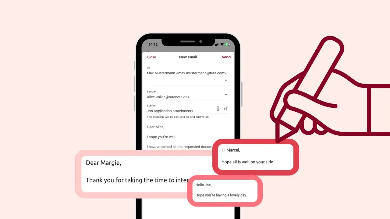 Eine Hand hält ein Smartphone, auf dem eine E-Mail mit dem Betreff "Job application attachments" zu sehen ist. Mehrere Chat-Blasen zeigen freundliche Nachrichten.