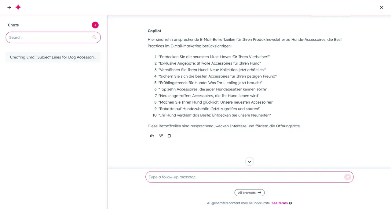 Copilot schlägt zehn ansprechende E-Mail-Betreffzeilen für Hunde-Accessoires vor. Was ist ein guter Betreff? Diese hier wecken Interesse und fördern Öffnungsraten.