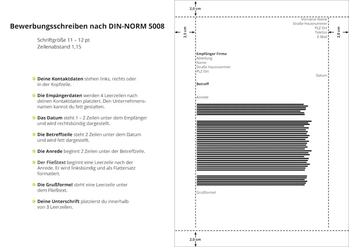 Layout eines Bewerbungsschreibens nach DIN-Norm 5008: position adressfeld brief a4, Empfängerdaten, Datum, Betreff, Anrede, Fließtext, Grußformel.