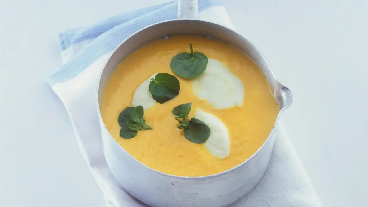Eine cremige, orangefarbene Suppe mit Klecksen von weißer Creme und grünen Blättern, bereit zum Suppe essen.