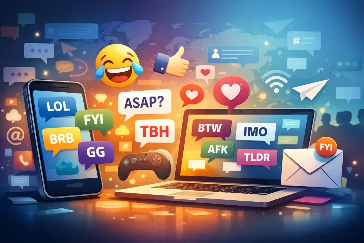 Digitale Kommunikation mit vielen Chat-Abkürzungen wie LOL, FYI, BRB, GG, ASAP, TBH, BTW, IMO, AFK, TLDR. Die Bedeutung von Chat ist Vielfalt.