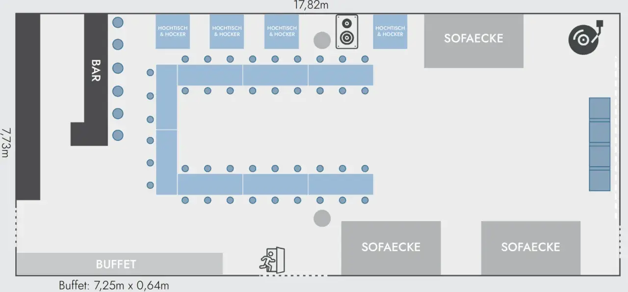 Grundriss mit Bar, Buffet, Sofaecken und einer U-förmigen Sitzordnung aus Tischen und Hockern.