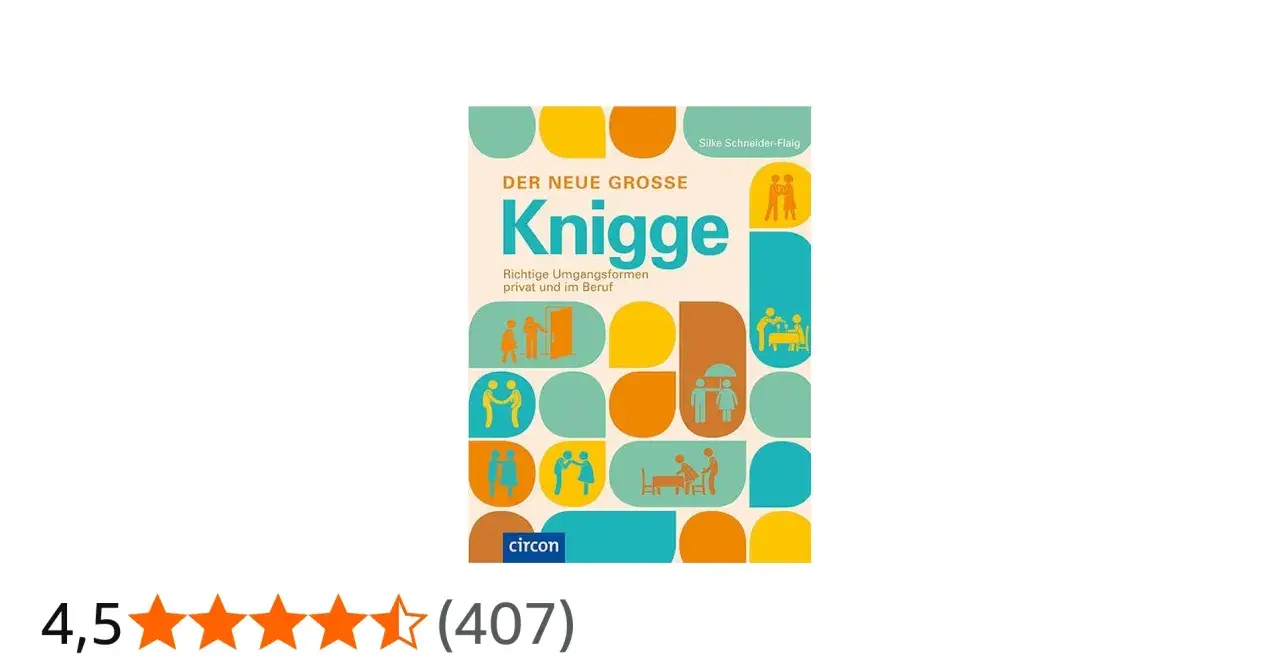 Buchcover "Der neue große Knigge" mit Illustrationen zu Umgangsformen. Ein Knigge-Test hilft, Benimmregeln zu lernen.