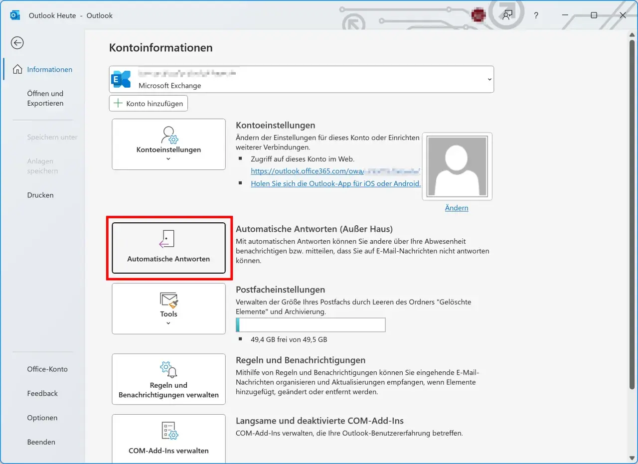 Outlook-Einstellungen: Automatische Antworten (Außer Haus) einrichten für eine e-mail signatur vertretung.