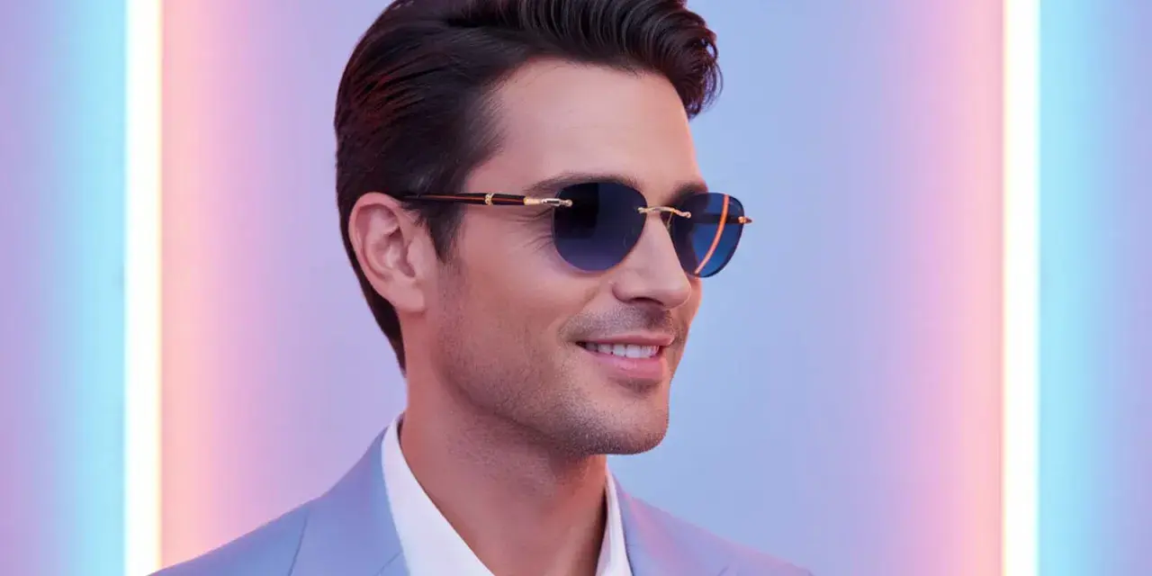 Ein Mann mit stilvoller Sonnenbrille, die den aktuellen Herren-Trend widerspiegelt, lächelt vor einem farbigen Neonlicht.