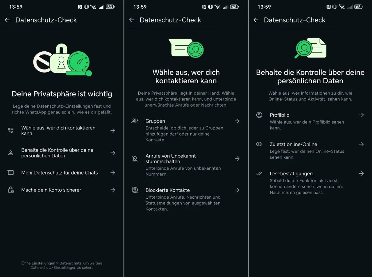 WhatsApp-Status Einstellungen: Übersicht über Datenschutz-Check. Wähle, wer dich kontaktieren kann, verwalte Gruppen, blockiere Kontakte und steuere dein Profilbild.