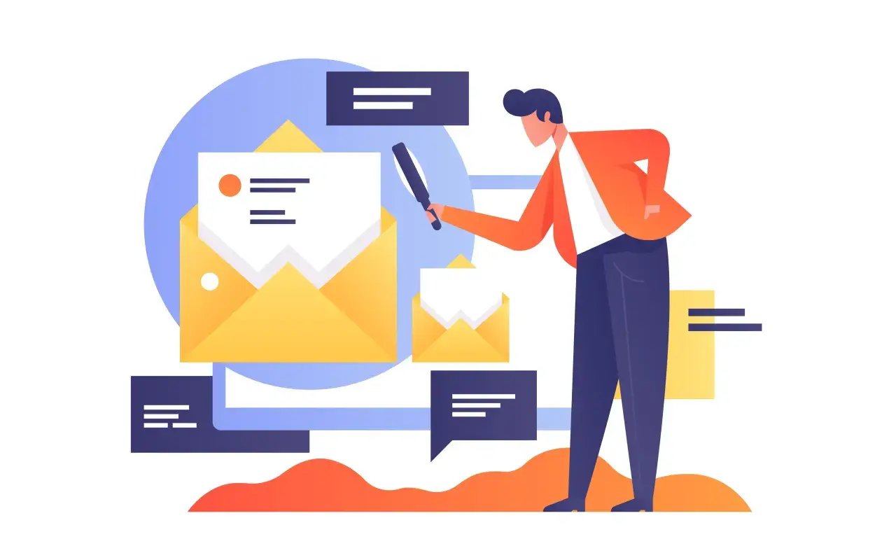 Mann mit Lupe prüft E-Mails. Effizientes E-Mail-Management für Übersicht.
