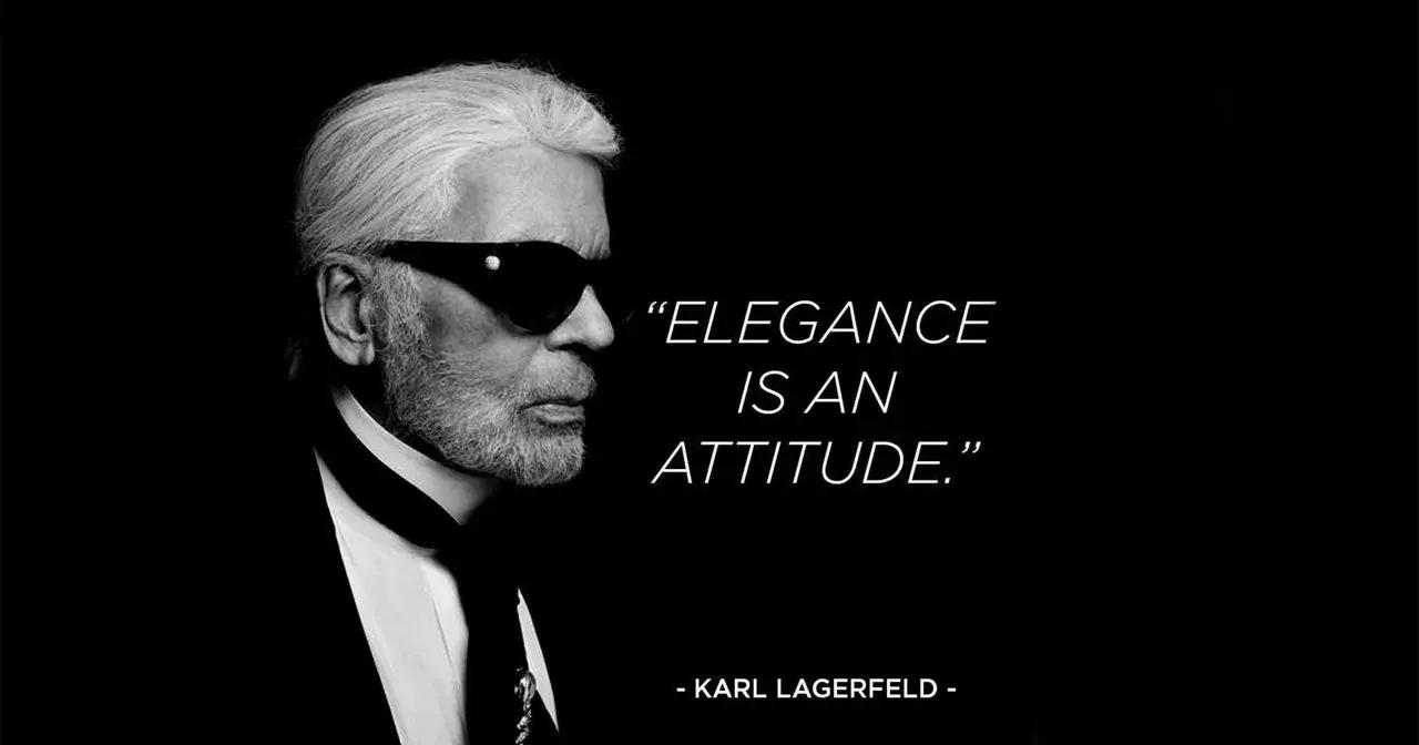 Karl Lagerfeld, mit Sonnenbrille und Bart, verkörpert Eleganz. Seine zitate wie "Elegance is an attitude" inspirieren.