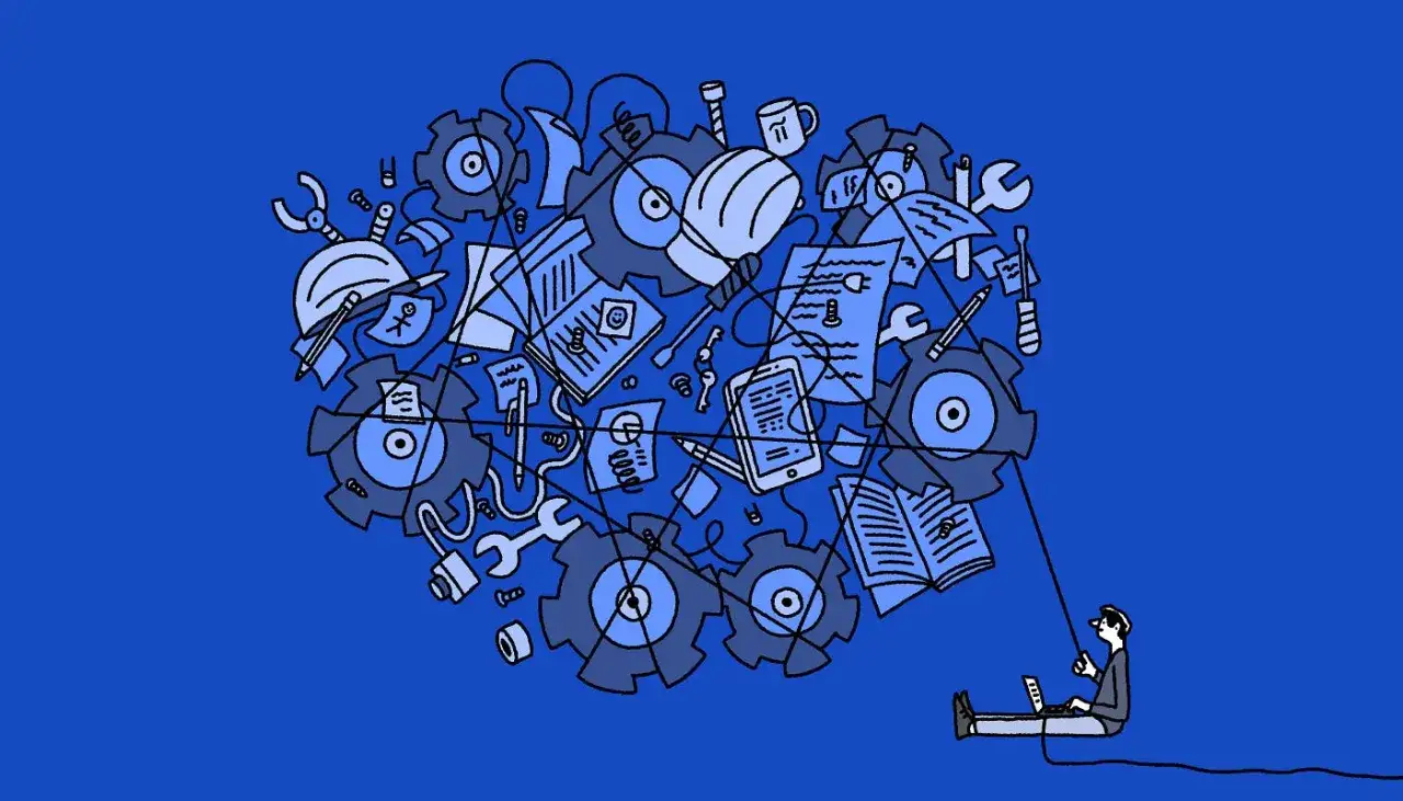 Ein Mann mit Laptop steuert ein komplexes System aus Zahnr&auml;dern, Werkzeugen und Dokumenten. Digitale Ordnung im Chaos.