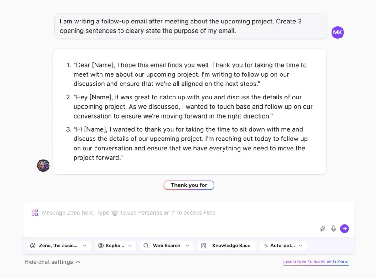 KI-Chatbot generiert drei E-Mail-Einleitungen f&uuml;r ein kommendes Projekt, um den Zweck des Follow-ups nach einem Treffen zu verdeutlichen.