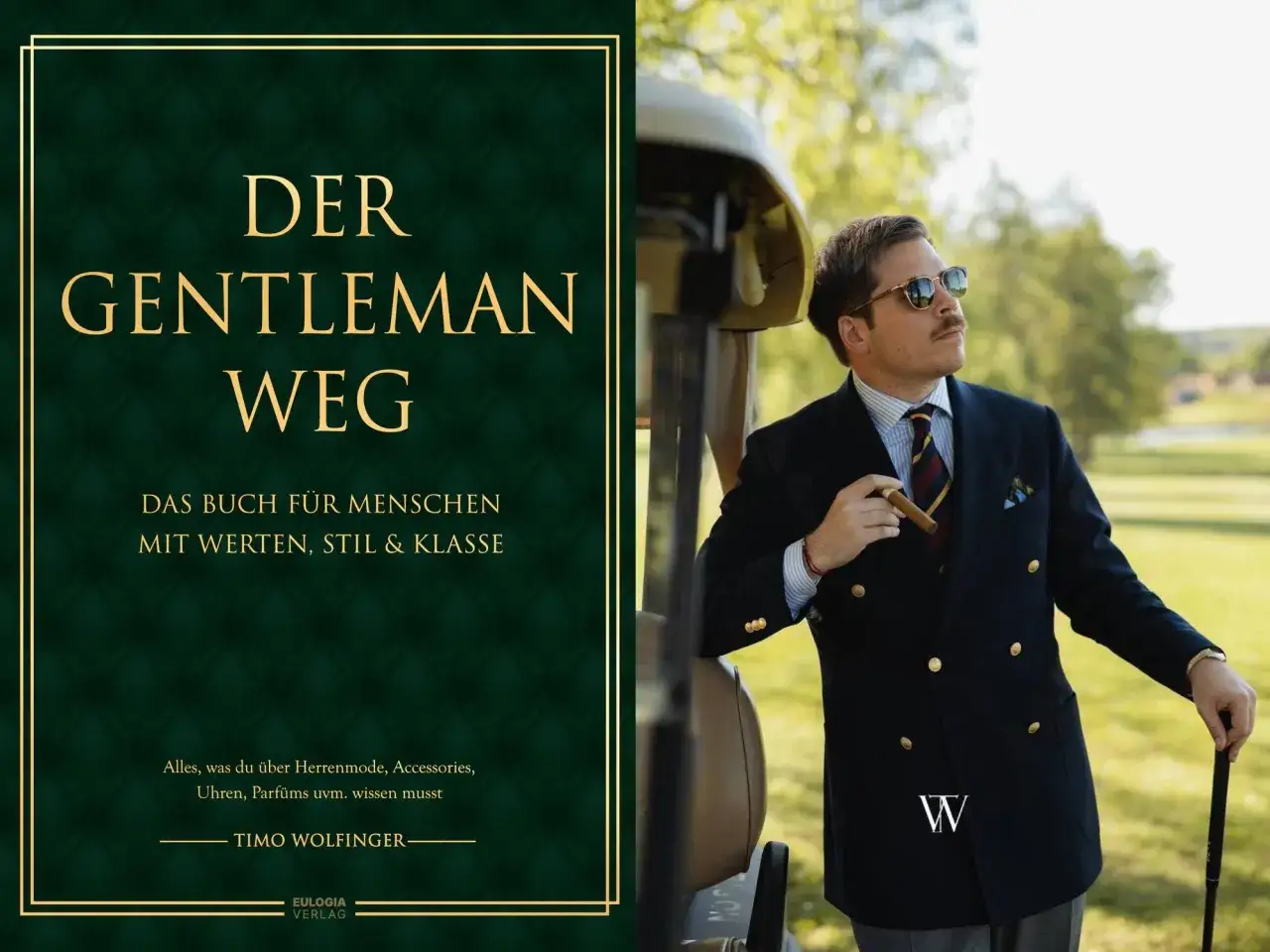 Ein englischer Gentleman mit Zigarre und Golfschl&auml;ger, neben dem Buch 