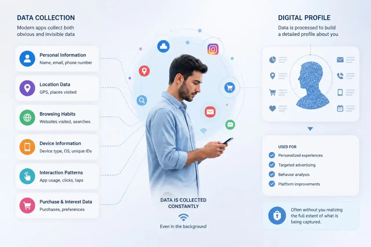 Ein Mann nutzt sein Smartphone, während Daten gesammelt werden. Soziale Medien und Apps erstellen ein digitales Profil, das man kaum verbergen kann.