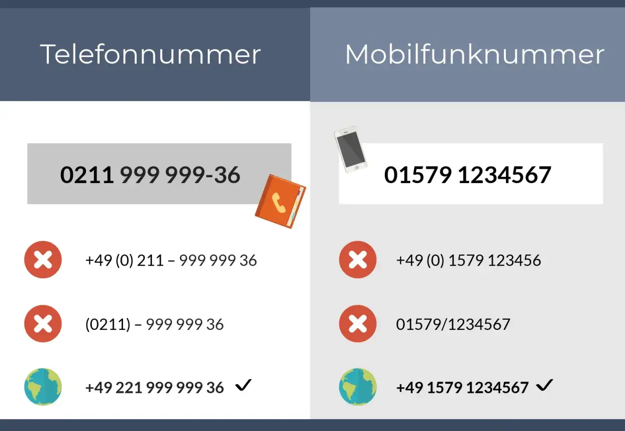 Telefonnummer: 0211 999 999-36. Mobilfunknummer: 01579 1234567. Dein telefonnummer 5008 ist nicht aufgeführt.