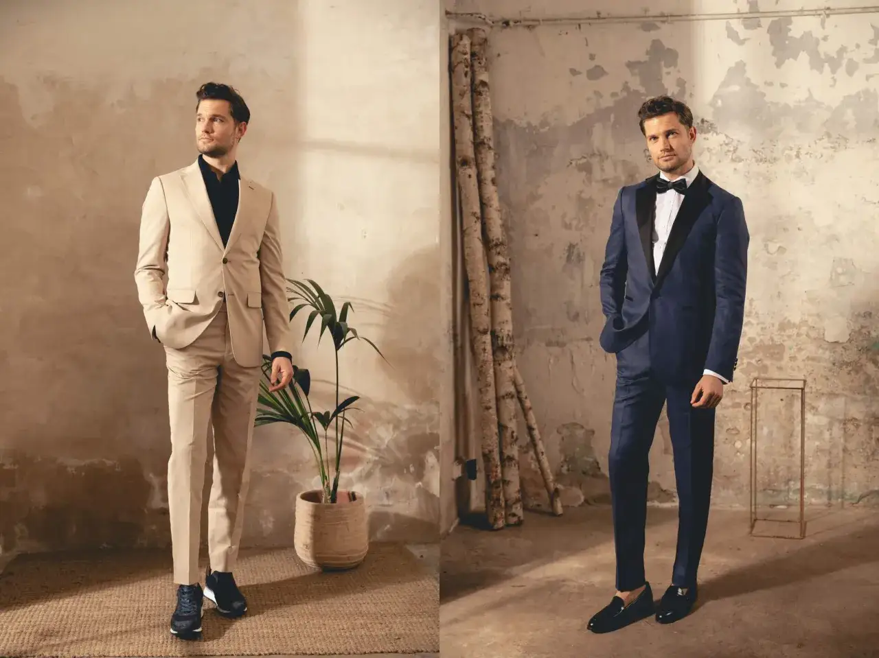 Zwei M&auml;nner in Anz&uuml;gen: links ein heller Anzug mit Sneakern, rechts ein dunkler Anzug mit Smoking-Kragen und Loafers. Die Anzug Teile Namen sind Jackett und Hose.