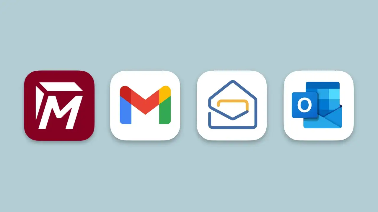 Vier E-Mail-App-Icons: Mailbird, Gmail, ein generisches E-Mail-Symbol und Outlook. Sie repr&auml;sentieren den e-mail schriftverkehr.