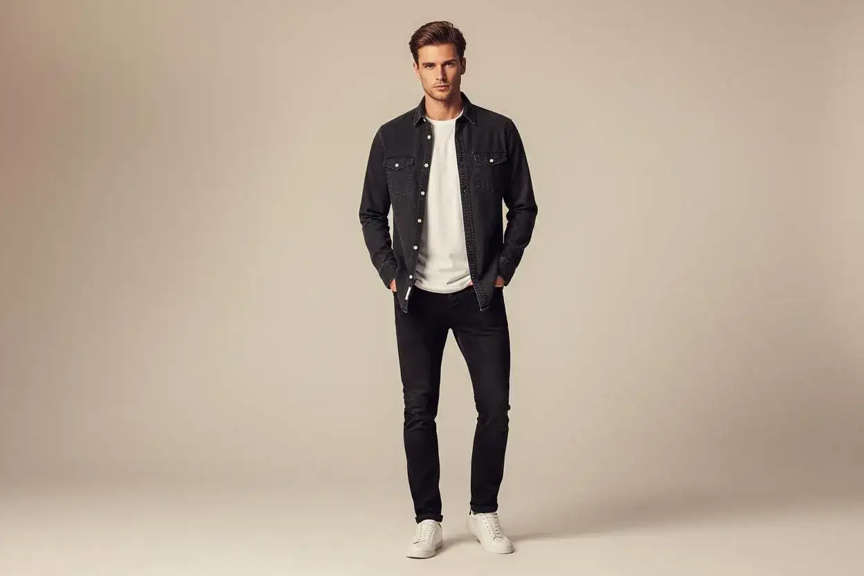 Ein Mann in schwarzer Jeans und wei&szlig;em T-Shirt, dar&uuml;ber ein dunkles Jeanshemd. Perfekt, um Jeans mit Hemd kombinieren Herren.