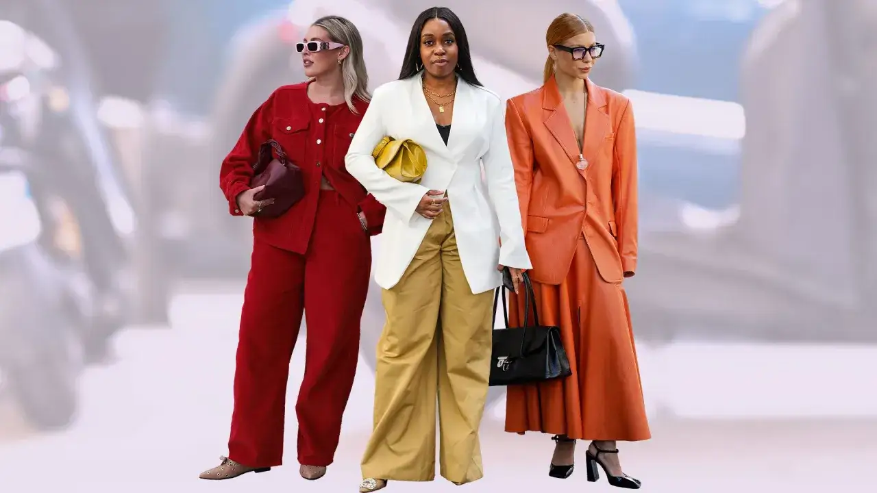 Drei Frauen in modischen Outfits, die den dresscode smart verk&ouml;rpern: Rot, Wei&szlig; und Orange dominieren.
