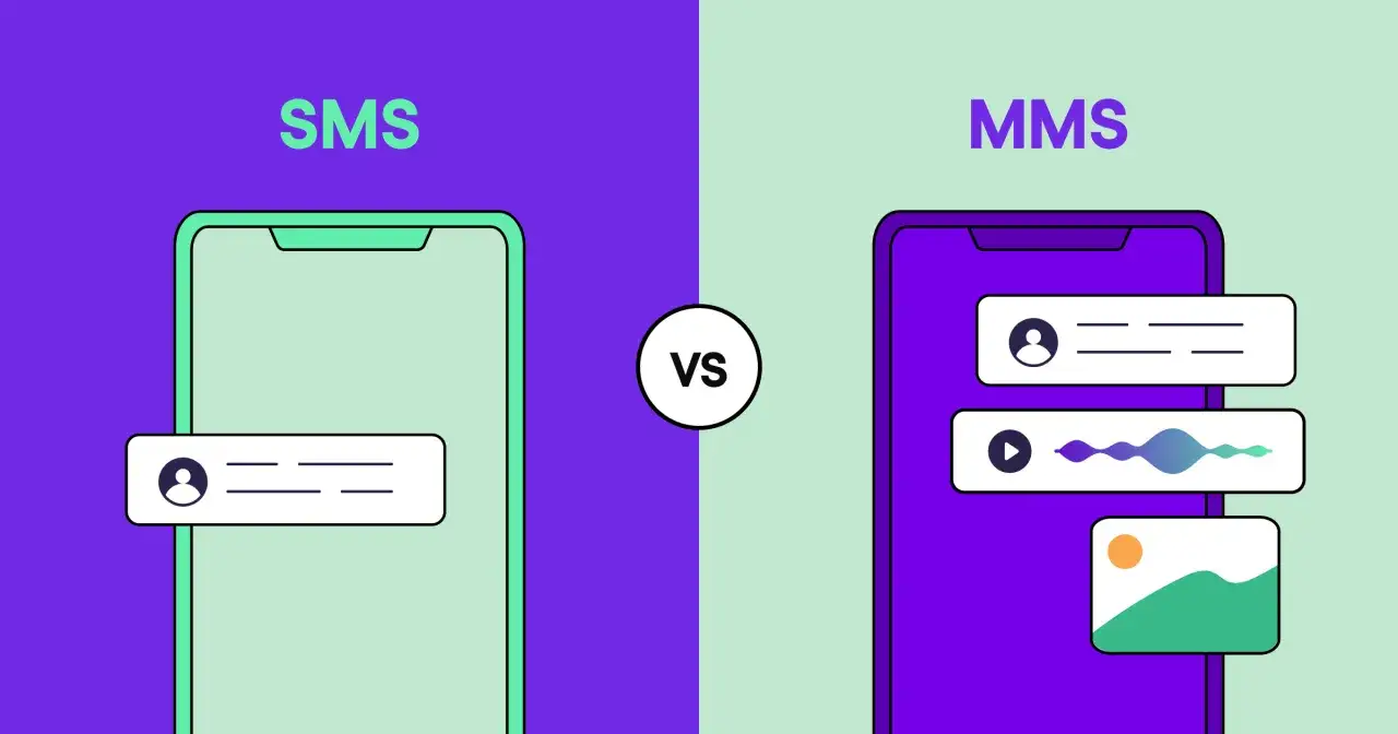 Vergleich von SMS und MMS: SMS zeigt nur Textnachrichten, MMS erlaubt zusätzlich Bilder und Audio. Die MMS Bedeutung ist also vielseitiger.