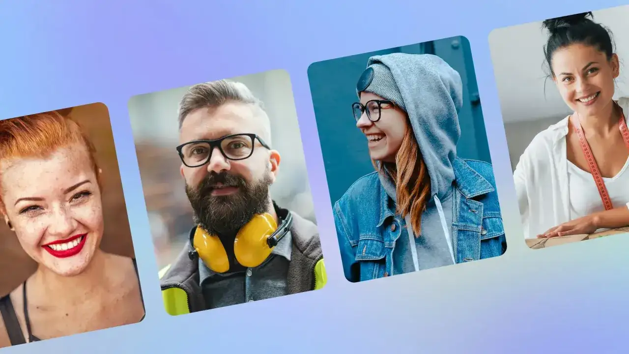 Vier l&auml;chelnde Menschen in verschiedenen Profilbildern. Hier siehst du, wie erstelle ich ein Profilbild mit Stil.