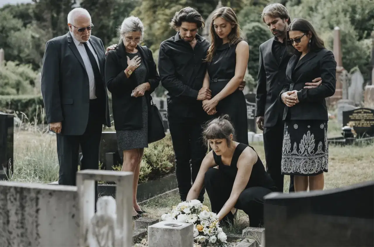 Trauernde Familie in Schwarz auf einem Friedhof. Eine Frau legt Blumen nieder. Der Knigge bei einer Beerdigung gebietet Respekt und Zur&uuml;ckhaltung.