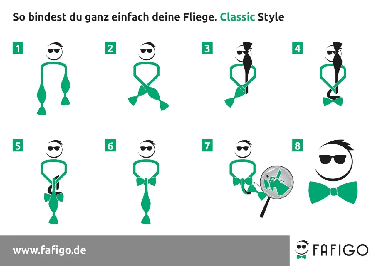 Schritt-f&uuml;r-Schritt-Anleitung, wie man eine Fliege bindet. Die Illustrationen zeigen, wie man die Krawatte formt, um eine perfekte Fliege zu tragen.