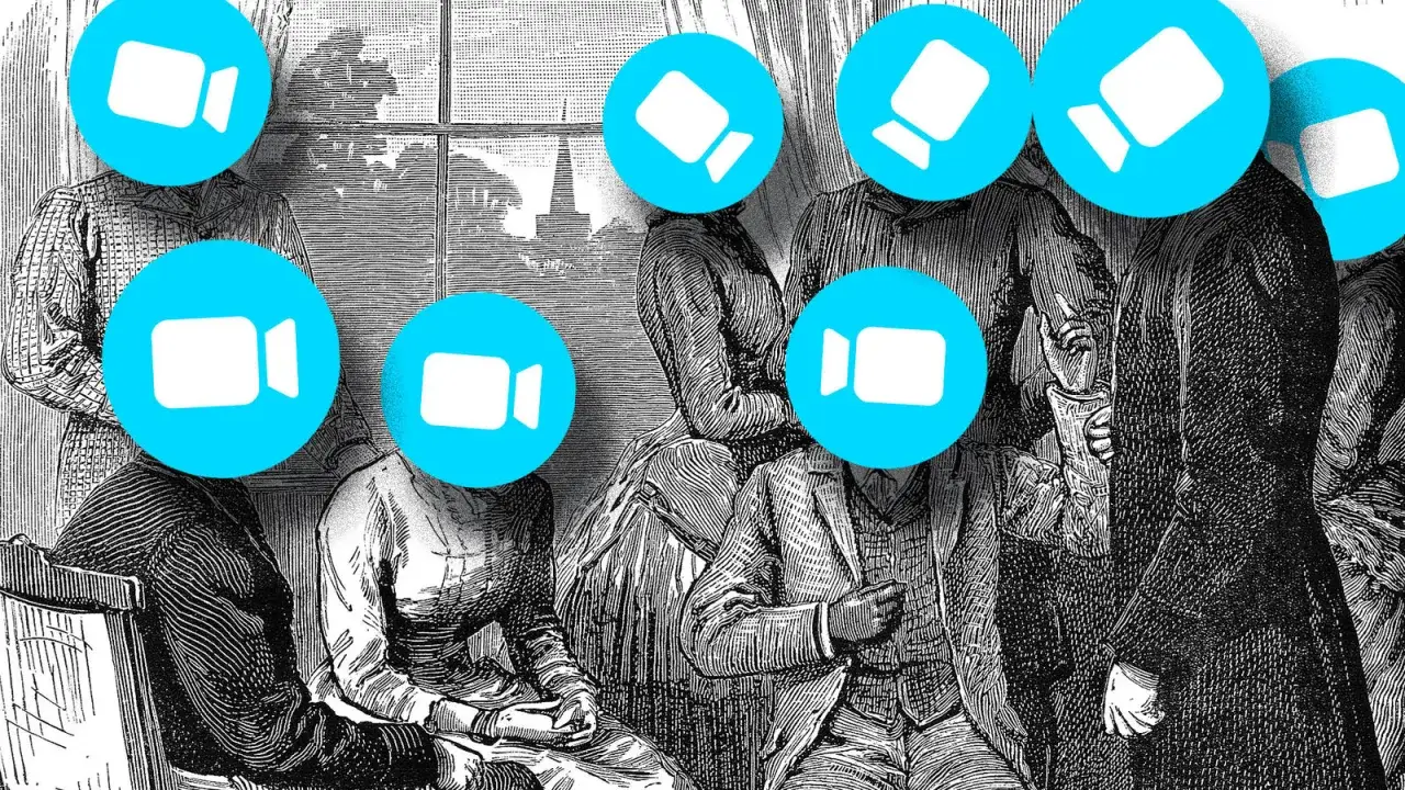 Digitale Versammlungen mit Zoom-Symbolen über viktorianischen Figuren. Die Netiquette Bedeutung wird durch moderne Symbole auf historischen Gesichtern verdeutlicht.