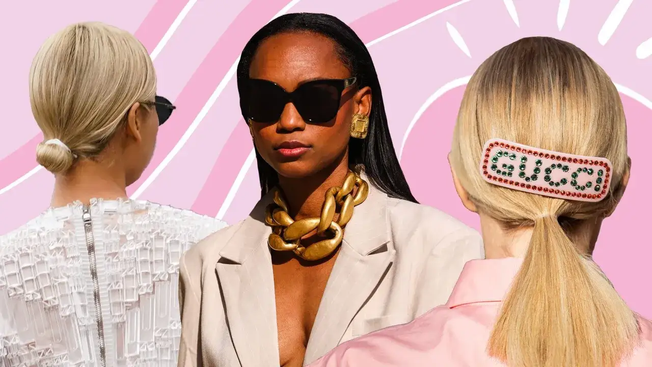 Drei Frauen mit eleganten business frisuren frauen: ein Dutt, offenes Haar mit Statement-Kette und ein Pferdeschwanz mit Gucci-Haarspange.