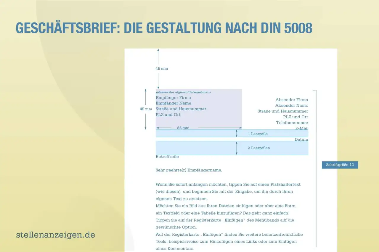Gestaltung eines Gesch&auml;ftsbriefs nach DIN 5008 mit Platz f&uuml;r Absender, Empf&auml;nger, Betreff und Text.