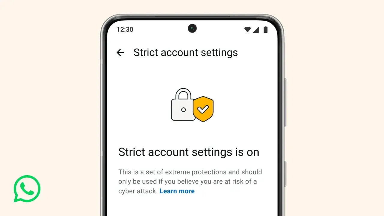 WhatsApp-Status-Einstellungen: Strikte Kontoeinstellungen sind aktiviert, mit einem Schloss- und Schildsymbol.