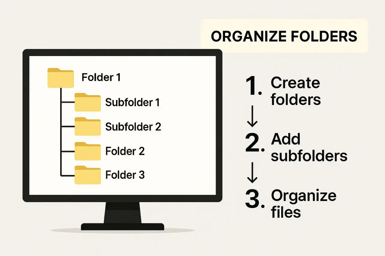 Beispiele f&uuml;r eine klare Ordnerstruktur auf einem Monitor: Ordner 1 mit Unterordnern, Ordner 2 und Ordner 3. Daneben Schritte zur Organisation.