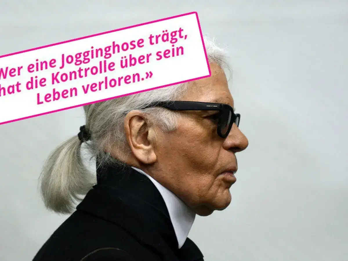 Karl Lagerfeld, bekannt für seine scharfen zitate, blickt nachdenklich. Ein pinker Rahmen enthält sein berühmtes Zitat: