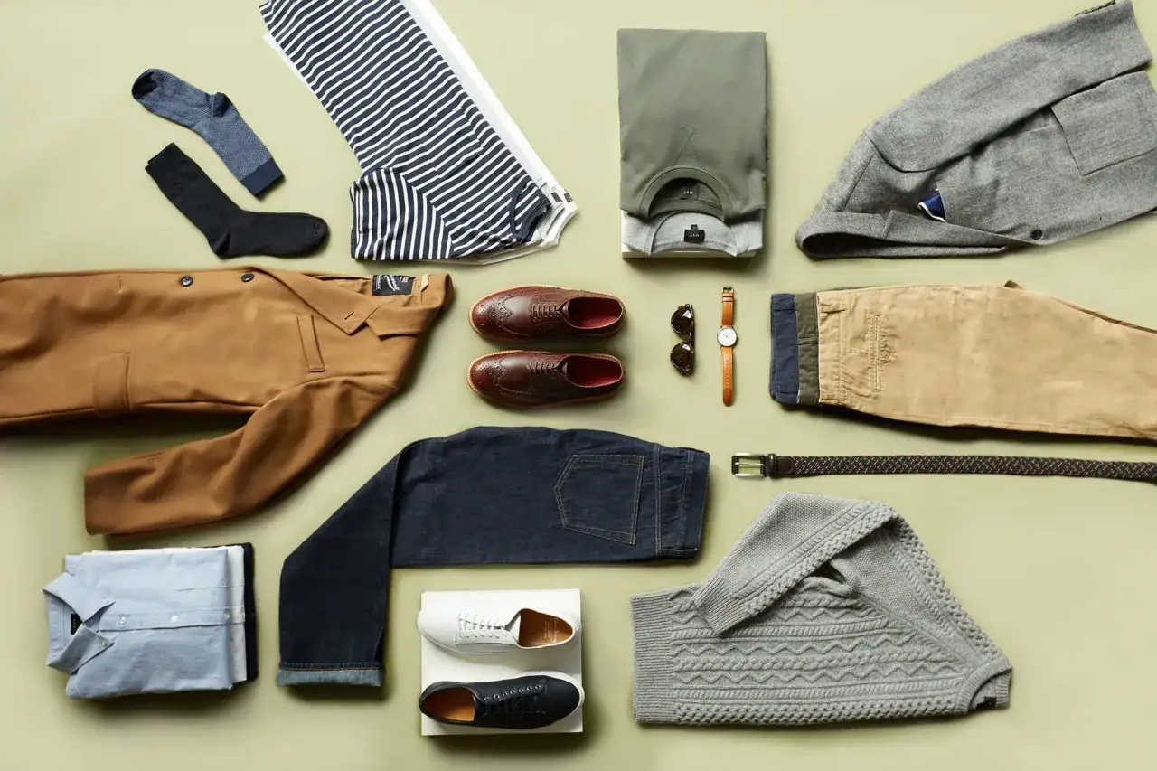 Perfekter capsule wardrobe herren: brauner Mantel, Jeans, Hemd, Pullover, Sakko, Chinos, Schuhe, Socken, G&uuml;rtel, Uhr, Sonnenbrille.