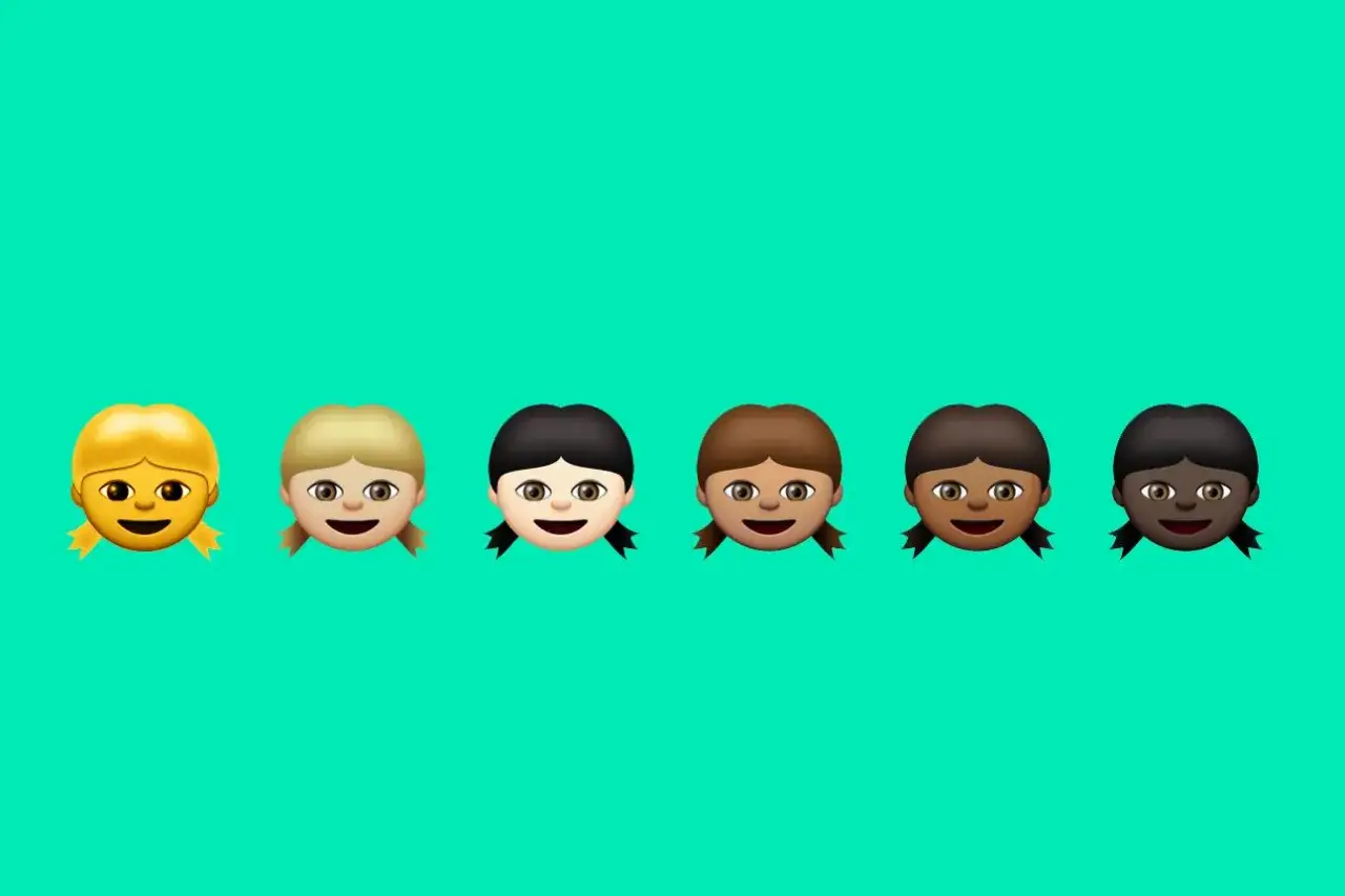 Sechs lachende M&auml;dchen-Emojis mit unterschiedlichen Hautt&ouml;nen und Haarfarben, die zeigen, was sind Emoticons.