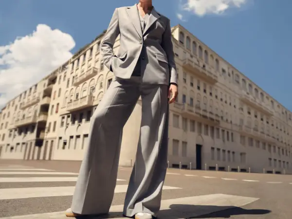 Eleganter grauer Anzug mit weiten Hosen und Sneakern, steht auf einem Zebrastreifen vor einem Gebäude.